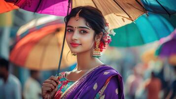 Beautiful Woman in Purple Sari Under Colorful Umbrellas photo