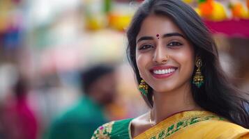 Young Woman Smiling Wearing Traditional Indian Saree photo