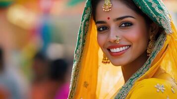 Beautiful Indian Woman in Yellow Sari photo