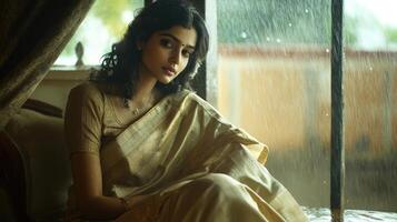 Woman In Elegant Sari Near Rainy Window photo