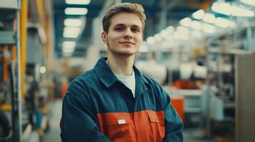 Young Man Smiling In Factory Work Uniform photo
