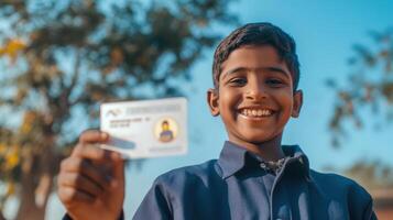 Happy Boy Shows Identification Card Outdoors photo