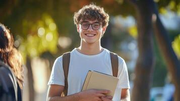 A young man with glasses and a book is smiling photo