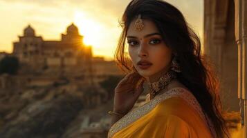 Beautiful Woman In Golden Sari At Sunset Near Ancient Ruins photo
