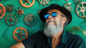 Senior Man Wearing Hat and Sunglasses Against Gear Background photo