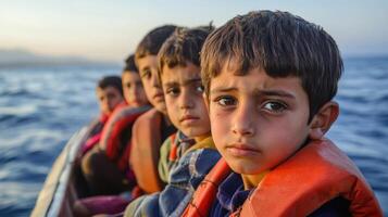Refugee Children Await Hope On A Boat At Sea photo