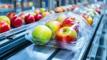 Apples in Plastic Bag on Conveyor Belt photo