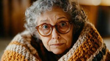 Elderly Woman Wrapped In A Warm Knitted Blanket photo