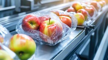 Red Apples Moving Along a Conveyor Belt in a Factory photo