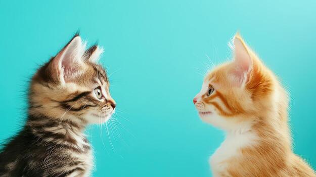 Two kittens facing each other on a blue background photo