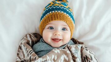 Happy Baby Wearing A Knitted Hat And Blanket photo