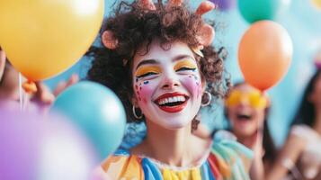 Happy Clown Girl Smiles Surrounded By Balloons photo