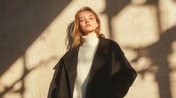 Blonde woman wearing a turtleneck and coat stands in sunlight photo