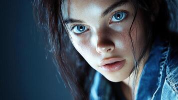 Young Woman With Freckles And Blue Eyes Portrait photo