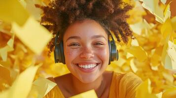Happy Woman Listening Music Surrounded Yellow Papers photo
