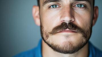 A man with a mustache and blue shirt photo