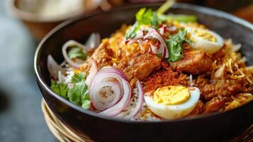 Aromatic Chicken Biryani Rice Dish with Eggs and Onions photo