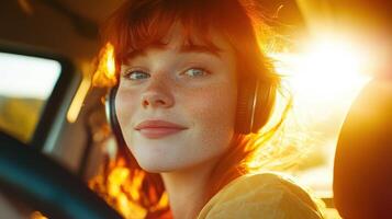Redhead Woman Listening to Music in a Car photo