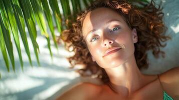 Woman Relaxing Under Palm Leaves On Beach photo