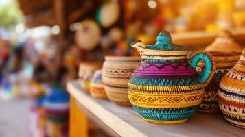 Colorful Handcrafted Pottery Displayed On Wooden Shelf photo