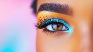 Close up of a womans eye with vibrant makeup photo
