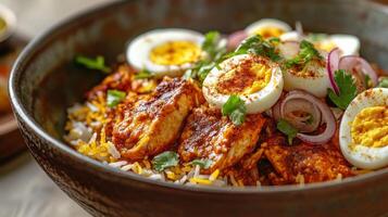 Spicy Chicken Curry Rice Bowl With Hard Boiled Eggs photo