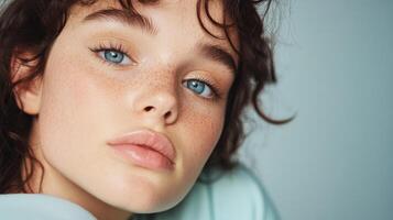 A young woman with freckles and blue eyes photo
