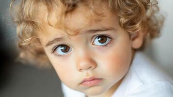 Adorable toddler with curly blond hair looks pensively photo