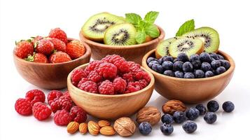 Assorted Fresh Fruits In Wooden Bowls photo