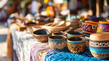Colorful Handcrafted Pottery Bowls Displayed At Market photo