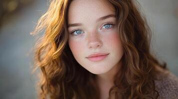 Young Woman with Freckles and Wavy Brown Hair photo
