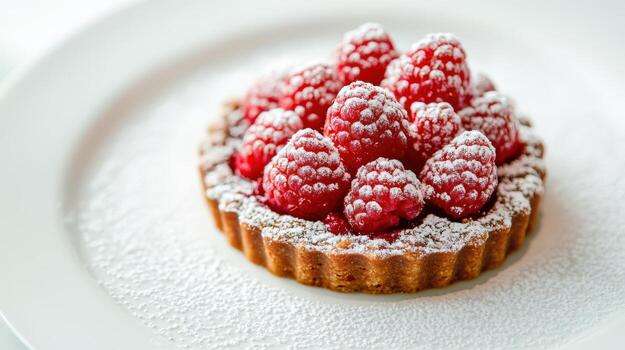 Delicious Raspberry Tart Topped With Powdered Sugar photo