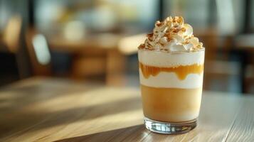 A Delicious Layered Coffee Drink With Whipped Cream photo