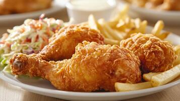 Crispy Fried Chicken Drumsticks With Fries And Coleslaw photo