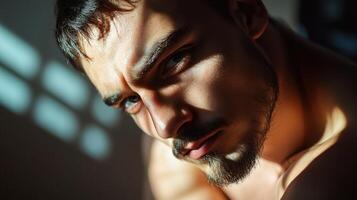 Young Man Portrait Sunlit Face Intense Gaze photo