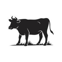 A stylized, black and white silhouette of a cow, seemingly in profile view, standing amidst short grass. vector