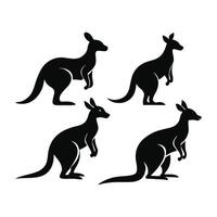 This image features four black silhouettes of kangaroos against a white background. vector
