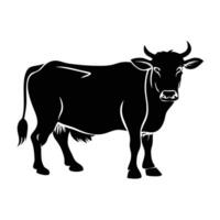 Silhouetted Cow Grazing in a Field A stylized, black and white silhouette of a cow standing in a grassy field. vector