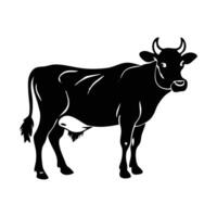 A stylized, black silhouette of a cow grazing in a field of grass. vector