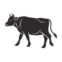 A stylized, black-and-white silhouette of a cow grazing in a field of grass. vector