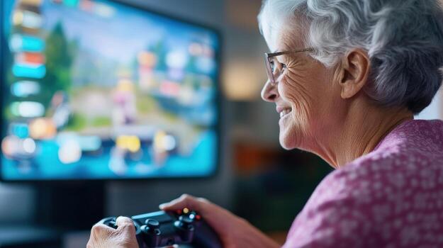 Elderly Woman Enjoying Game On Large Screen photo