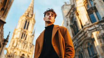 Young Man in Brown Coat Stands Near Cathedral photo