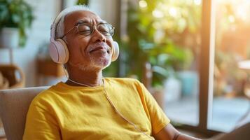 Elderly Man Serenely Listening To Music With Headphones photo