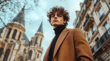 Stylish Man Posing Outdoors Near Parisian Architecture photo