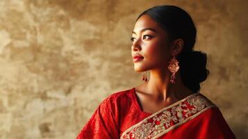 Woman in Red Sari Gazes Pensively Towards the Horizon photo
