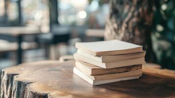 Stack of books rests on wooden table outdoors photo