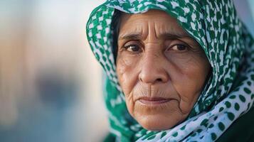 Portrait of an elderly woman in a green and white scarf photo