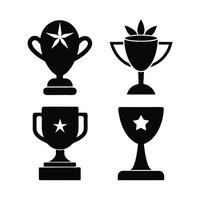This image features four simple, black silhouette trophy designs on a white background. vector