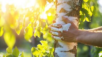 Hand Covered In White Paint Touching Birch Tree photo