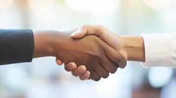 Two people shaking hands showing unity and agreement photo